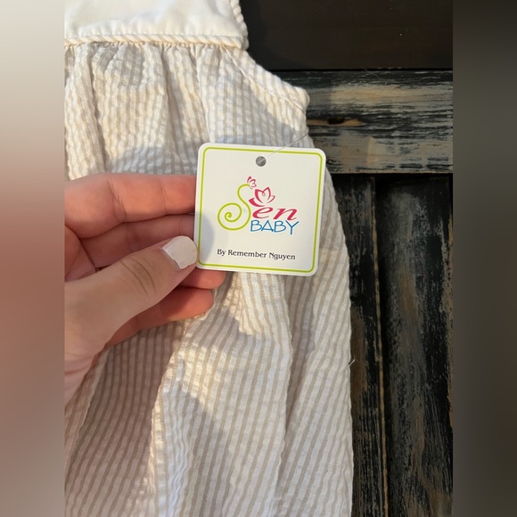 White + Tan Seersucker Bubble Sen Baby by Remember Nguyen - Picture 2 of 4